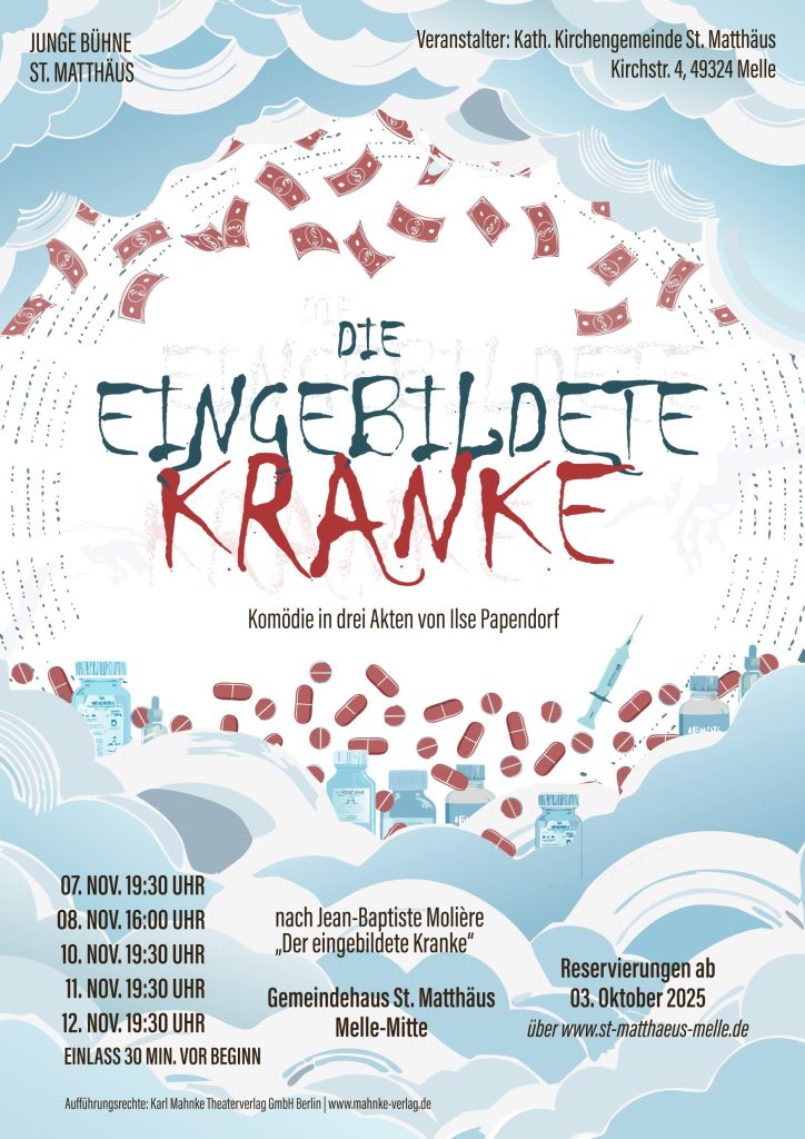 am 07., 10., 11. & 12.11. jeweils um 19.30 Uhr und am 08.11. um 16.00 Uhr im Gemeindehaus Melle. Reservierungen sind ab dem 03.10.2025 hier und im Pfarrbüro möglich.
